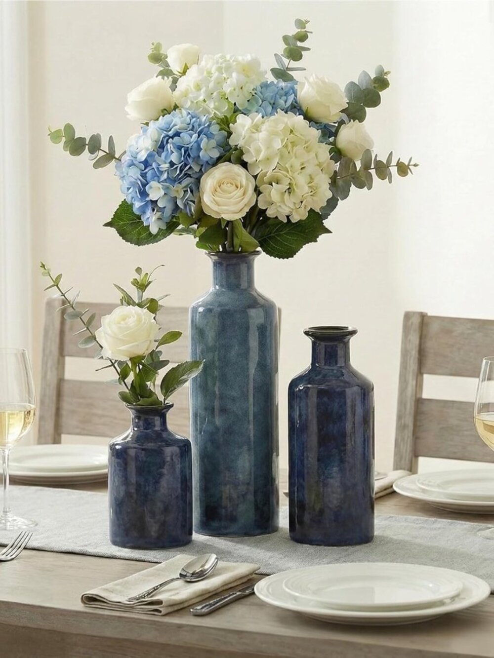 Blue Ceramic Vase Set - 3 Blue Small Vases, Farmhouse Country Flower Vase Home D - Picture 2 of 9